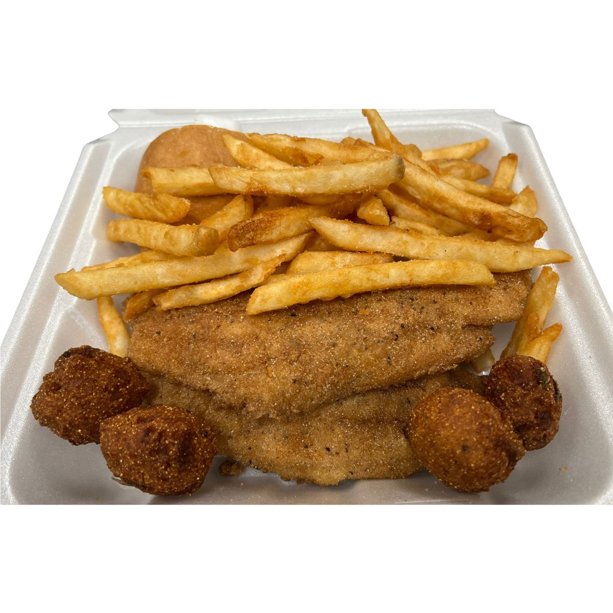 Pirate's Cove catfish plate with fries and hush puppies